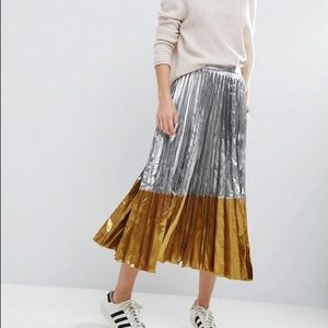ASOS Pleated Midi Skirt in Metallic w Contrast Hem